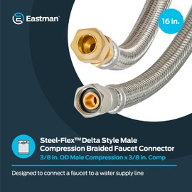 Eastman 16 Inch Delta Style Flexible Faucet Connector, 3/8 Inch OD Male x 3/8 Inch ID Compression, Braided Stainless Steel with Nickel-Plated Brass Nuts, 48036