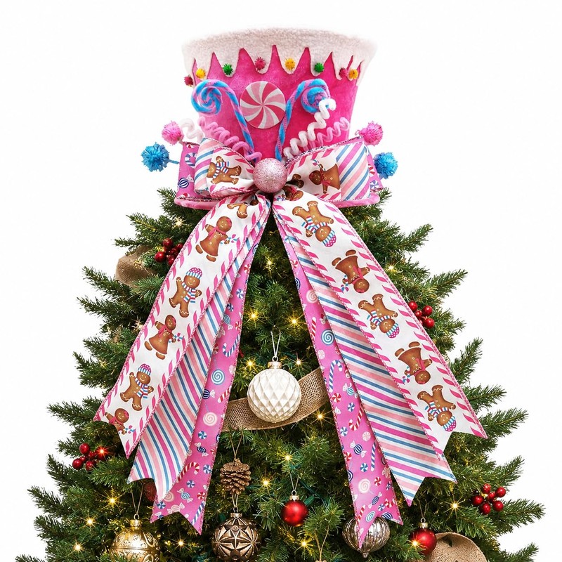 Pink Christmas Tree Topper Hat, Candy Gingerbread Tree Top Decoration