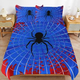 Spider Web Duvet Cover Sets (3 Piece) Cartoon Theme Blue Red Printed Bedding Set for Boys Girls Teens Child Soft Microfiber (1 Duvet Cover 90x102in + 2 Pillow Sham 20x30in)