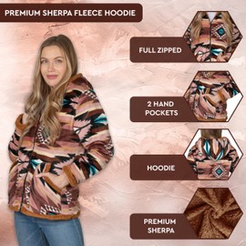 TrailCrest Ladies Smart Plush Sherpa Lined Hooded Sweater Jacket, Zip Up Classic Brown Aztec, X-Large