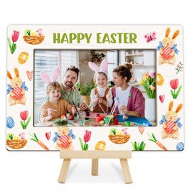 Fbitey Happy Easter Picture Frame, Spring Floral Easter Egg Bunny Photo Frame, Easter Party Decor Indoor Outdoor, Wood 4x6 Picture Frame for Table Shelf Display-A04