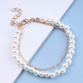 Yheakne Vintage Layered Pearl Bracelet Gold Pearl Station Bracelet Pearl Strand Bracelet Pearl Chain Bracelet Wedding Hand Chain Jewelry for Women and Girls (Gold)