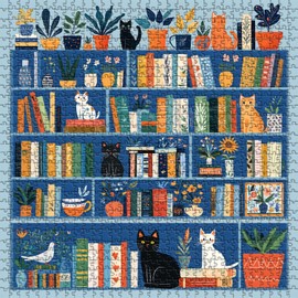 Cat Bookshelf Puzzle for Adults 1000 Pieces, Kitty Book Puzzle Plant, Flower Kitten Themed, Cat Challenging Jigsaw Botanical