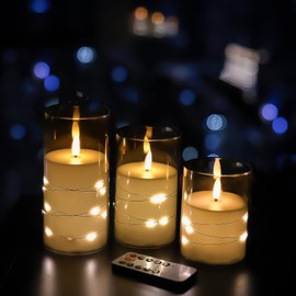 Beloveam Flickering Flameless Candles with Embedded String Lights;Candles Battery Operated ; with Remote Timer and Gift Basket;Set of 3 (3"x4"/5"/6"); Gray;for Home Decor;Wedding; Festival