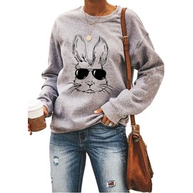 Ykomow Happy Easter Sweatshirt Women Long Sleeve Cute Bunny Rabbit Graphic Tees Pullover (S, A-Grey)
