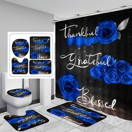 4Pcs Blue Rose Shower Curtain Set, Thankful Grateful Blessed Bathroom Curtain with Non-Slip Rug, Toilet Lid Cover, Bath Mat and 12 Hooks, Romantic Royal Blue Floral Wedding Decor for Bath, 72 x 72 in