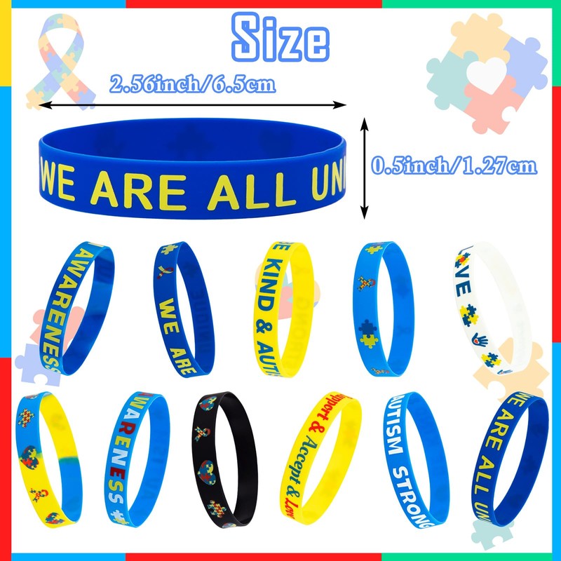 144PCS Autism Awareness Silicone Bracelets Bulk Colorful Puzzle Wristbands for