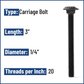 1/4"-20 x 3" (FT) Coarse Thread Grade 5 Carriage Bolt Medium Carbon Steel Black Oxide Pk 100