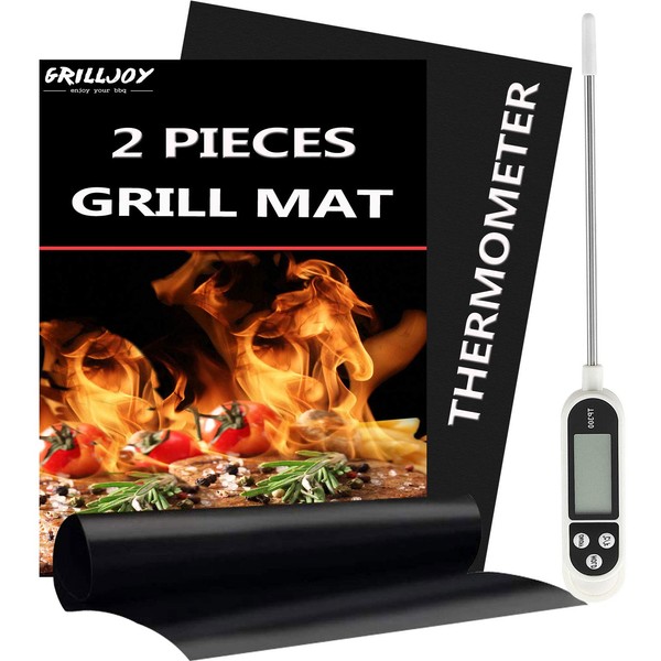 Grilljoy - Juego de tapetes para parrilla y termómetro para