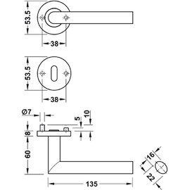 JUVA Door Handle Set Interior Door Handle L Shape Door Handle Room Door on Round Rosette LDH 2188 BB Deadlock Brushed Stainless Steel 1 Set Door Handle Set with Mounting Material