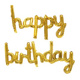 Happy Birthday Balloons Banner 16 Inch Hanging Birthday Balloons 3D Silver Foil Cursive Script Letter Balloons for Kids and Adults Birthday Party Decorations Supplies (Gold)