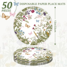JarThenaAMCS 50 Sheets Vintage Wildflower Round Paper Placemat Greenery Wild Floral Decorative Paper Table Mat for Spring Party Dinner Table, 13 Inch