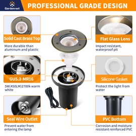 Gardenreet Landscape Well Lights Brass, LED Low Voltage Outdoor In Ground Lights, 12V Waterproof Garden Lights Wired Small Bronze for Outside Driveway Walkway Path with 5W 450LM 2700K MR16 Bulb