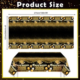 tineit 8th Grade Graduation Decorations Class of 2025-3 Pack Black Gold Tablecloths 54"x108" (9x4.5ft) Plastic Cover, Class of 2025 Decorations Party Supplies with 8th Grade Graduate 2025"