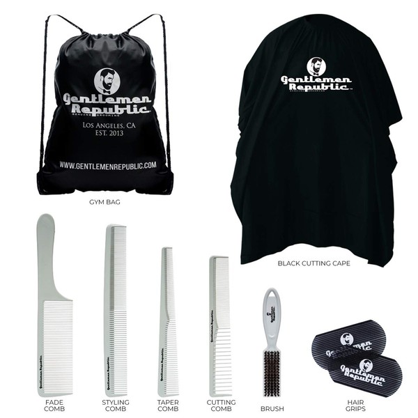 Gentlemen Republic Black Cape Accessory Bundle #2 - Includes Cutting and Styling Combs, Hair Grippers, Brush, Taper Comb, and Gym Bag