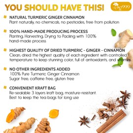 TOG999, 60 Bags Premium Turmeric Ginger Cinnamon Tea. Upgraded Version. Improve Digestion, Support Brain, Weight, Skin and Sleep. Eco-Conscious Tea Bags. No Sugar, No Caffeine, No Gluten, Vegan.