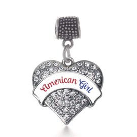 Inspired Silver - Colored Script American Woman - Silver Memory Charm for Women - Pave Heart Charm Jewelry Gift with Cubic Zirconia - Women's Charm for Bracelets
