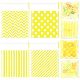 Gersoniel 200 Pcs Yellow Cellophane Treat Bags 4 x 4 in Self Sealing Cookie Bags Striped Polka Dot Candy Gift Goodie Snack Bag for Birthday Wedding fall Thanksgiving Christmas party supplies