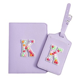 Initial Passport Holder and Luggage Tag Travel Set, PU Leather Luggage Tag Passport Cover, Christmas Gifts, Bridesmaid Gifts, Holiday Travel Gifts, Birthday Gifts (K, Pink Leather+Pink Letter)