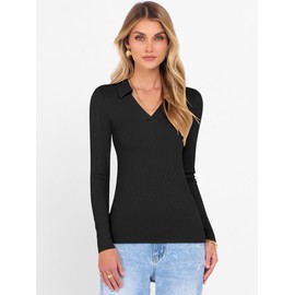 ANRABESS Women Long Sleeve Polo Shirts V Neck Slim Rib Knit Collared Dressy Business Casual Top 2025 Basic Tee Fall Outfits Black XL