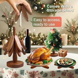 Mamakura Kitchen Wooden Trivets for Hot Dishes,Wooden Christmas Tree Trivet for Gift，Tree Shape trivets for hot pots and Pans 7.7inch(3 Layers+1 Stand(Brown Color)