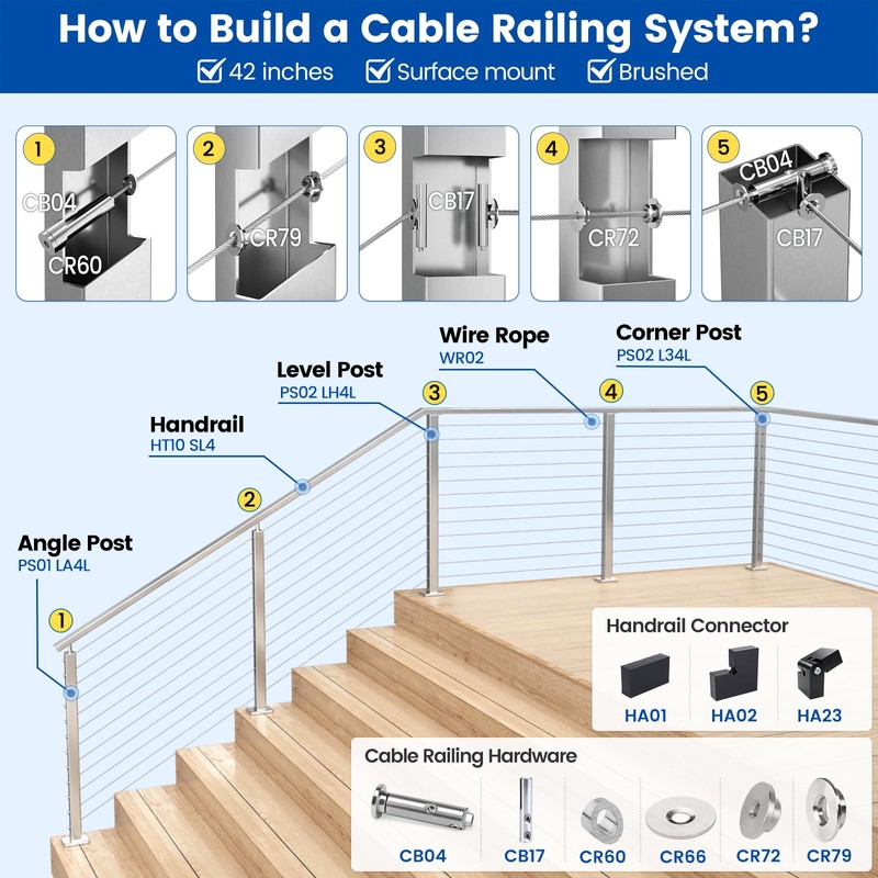 Muzata Stair Cable Railing Post 42 Inch for 25-35 Degrees