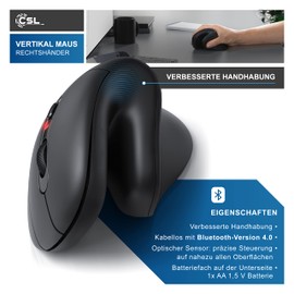 CSL - Ergonomic Wireless Mouse for Right Handed Bluetooth 1000-2400 DPI 8 Buttons Mouse Arm Tennis Elbow (RSI Syndrome) Compatible with PC Computer Laptop Mac Black