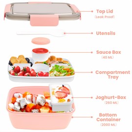 Bugucat Adult Lunch Box, 2000 ml, Set of 2, Leak-Proof Bento Box with Compartments for Children, Salad Container Salad Box to Go with Fork, Lunch Box Breakfast Box for School, Purple + Dark Pink