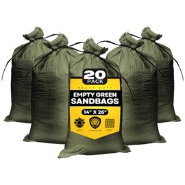 Empty Sandbags Military Green with Ties (Bundle of 20) 14" x 26" - Woven Polypropylene Sand Bags, Extra Heavy Duty Sandbags for Flooding, Sand Bags Flood Protection