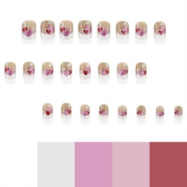 Press on Nails Short Square Fake Nails with Red Pink Heart Designs White French Tip Glue on Nails Press ons Full Cover False Nails Glitter Stick on Nails for Women 24 Pcs