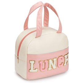 Hirabbi Lunch Bag for Women Large Insulated Lunch Box Reusable Lunch Tote with Preppy Soft Leather Bag for Work School Picnic Travel (White&Pink)