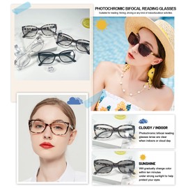 OCCI CHIARI Transition Photochromic Bifocal Reading Glasses Womens,Oversized Clear UV Protection Sunglasses Readers1.0 1.5 2.0 2.5 3.0 3.5 4.0(Brown +350)