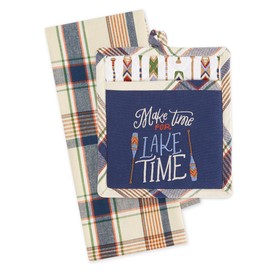 DII Kitchen Set, Cotton Potholder 8x9 inches and Plaid Dishtowel 18x28 inches, Navy Blue Nautical Design, Lake Time