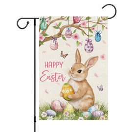 Louise Maelys Happy Easter Garden Flag Bunny Rabbit with Easter Egg Double Sided 12x18 Inch Small Burlap Spring Holiday Yard Outdoor Outside Home Decoration (Only Flag)