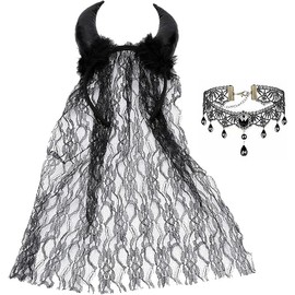 NIDHFG 1 Piece Of Lacey Horn Veil, 1 Piece Of Pendant Collar, 2 Face Patches, Role-Playing Props, Ladies Masquerade Party Decoration.