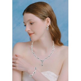 rneyflow 3PCS Elegant Leaf Cluster Flower Austrian Crystal Pendant Necklace Earring Bracelet Wedding Bridal Jewelry Set for Women, Metal, Crystal