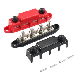 ieron 2 pcs 12V-48V DC Bus Bar Power Distribution Block 3/8" (M10) 4 Studs Heavy Duty Busbar Stud Terminal Junction Block with Cover and Ring Terminals