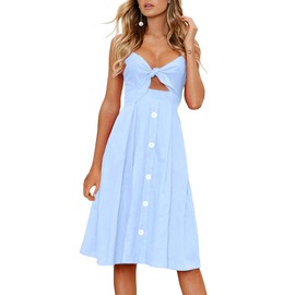 FANCYINN Women's Tie Front Dress Button Down Spaghetti Strap Cute Midi Dress A Line Swing Dress for Women Light Blue M