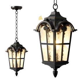 Slypadan Outdoor Pendant Light Dusk to Dawn for Porch,Anti-Rust Aluminum Outdoor Chandelier, Waterproof Exterior Hanging Lighting Fixtures for Front Door, Gazebo, Black Finish with Gold Edges
