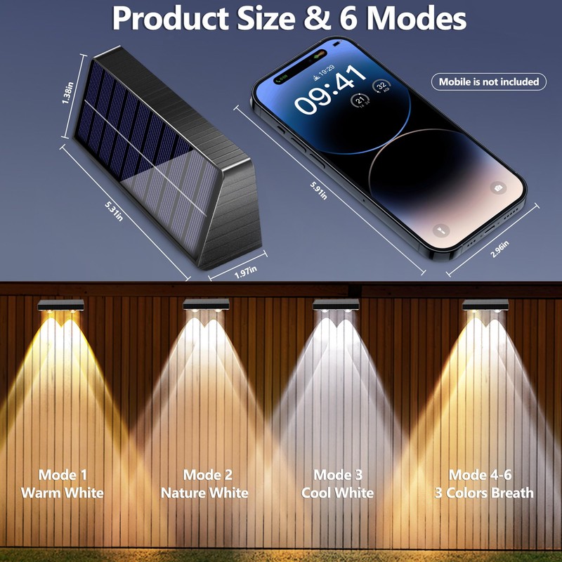Brizled Solar Fence Lights Outdoor, 8 Pack 2700/4500/6500K 6 Modes