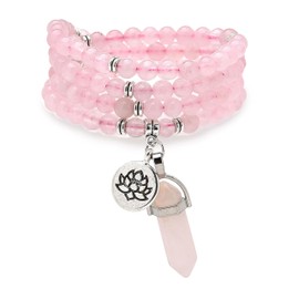 108 Natural Mala Prayer Beads Lotus Pendant and Hexagonal Prism Reiki Quartz Bracelet Necklace, One size, Stone, No Gemstone