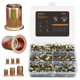 HANGLIFE Rivet Nut Assortment Kit (250 Pcs) - UNC SAE Rivnut Threaded Insert Nuts - Includes #6-32, #8-32, #10-24, 1/4"-20, 5/16"-18, 3/8"-16 Flat Head Nutserts, Zinc-Plated Carbon Steel