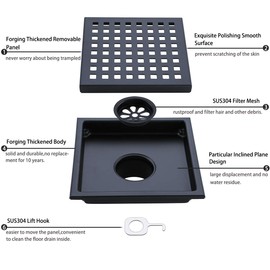6-inch Matte Black Shower Drain, Square Shower Floor Drain with Tile Insert Grate Removable, Multipurpose Hair Trap, Invisible Look or Flat Cover, SUS304 Stainless Steel