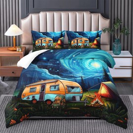 Tuzaovy Short Full Quilt Bedding Set for RV Camper - Camping Theme Comforter Set, Vintage Rustic Farmhouse Boho Travel-Inspired Design