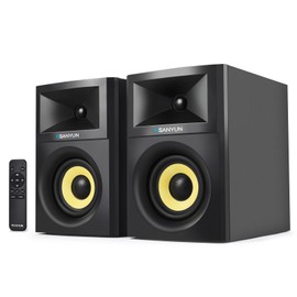 Sanyun SW205 80W 4” Powered Bookshelf Speakers with Wooden Cabinet - Innovative Exterior Designs and Advanced DSP Chips - Optical 3.5mm Aux and Bluetooth 5.4 Inputs – Wireless Remote (Pair, Black)
