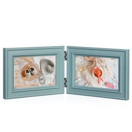 Tamolus 4x6 Double Horizontal Hinged Picture Frame Folding Photo Frame in Teal Blue Pine Wood with Real Glass for Tabletop X3-LAN-2H46
