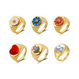 Frodete 6Pcs Gold Y2k Rings for Women,Cute Colorful Chunky Rings Yin Yang Daisy Butterfly Flower Enamel Ring Set Minimalist Statement Ring (6pcs)