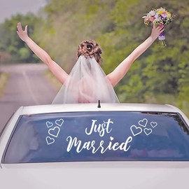 Just Married Car Decal - Beautiful & Luxurious Cursive Font - Dimensions: 14" x 8.5" - Perfect Size - Bumper Sticker, Vinyl, Just Married Car Decorations: Includes 8 Bonus Hearts <3's