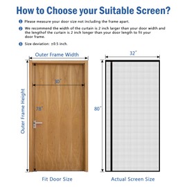 WochiTV Reversible Screen Door Mesh Fits Door Size 30 x 78, Left Right Side Opening Magntic Screen Door Screen Size 32" x 80", Top Anti-Tearing Mesh Net Curtain with Magnet