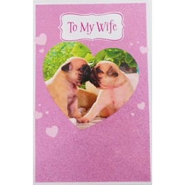 To My Wife - Happy Birthday with Love Greeting Card "The woman who puts the WOW in my bow-wow!" w/Kissing Pug Dogs from Husband